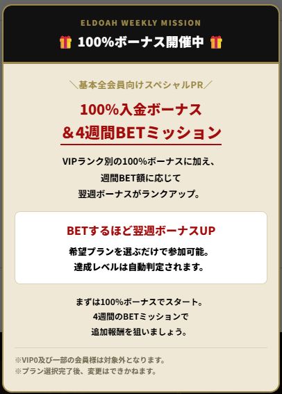 100%入金ボーナス＆4週間BETミッション